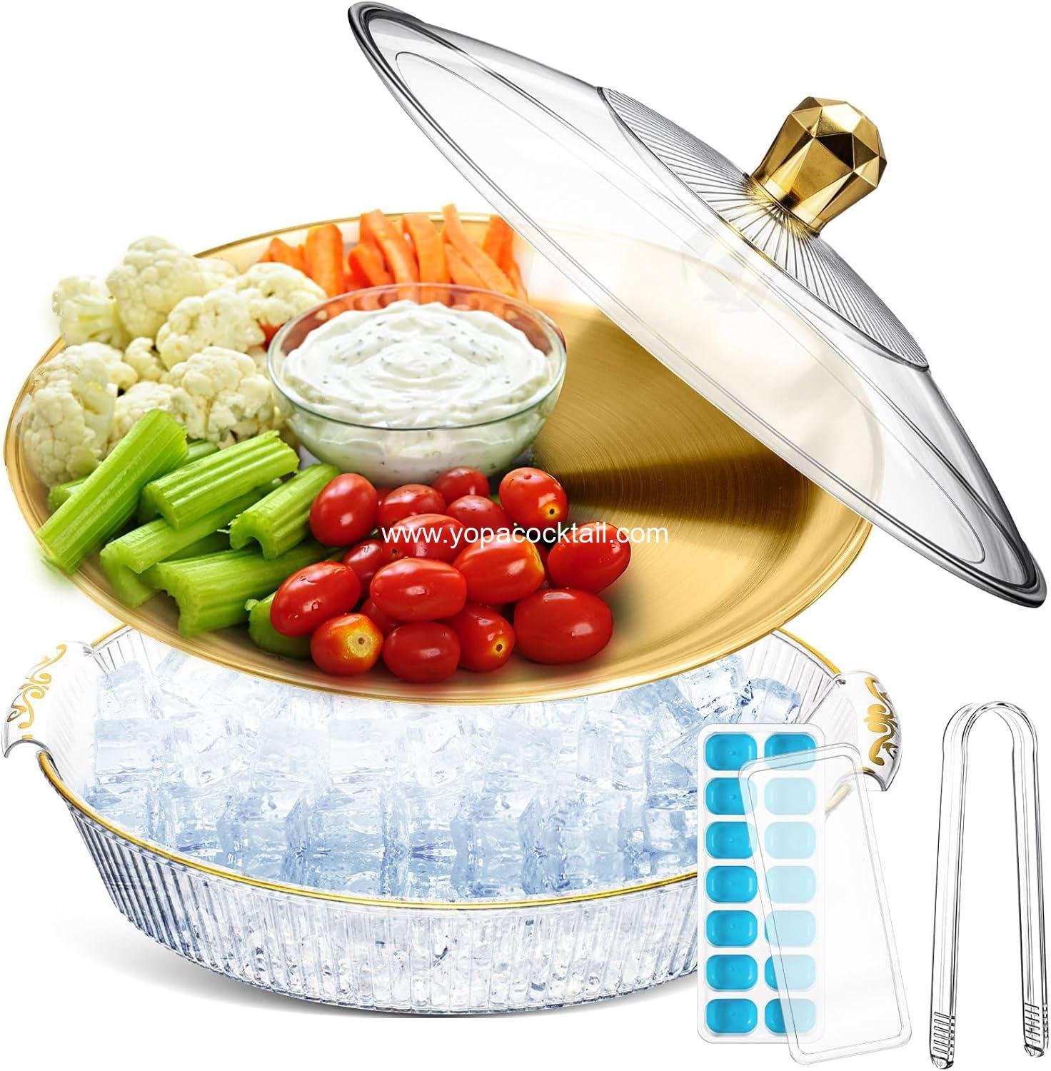 Baderke 1 Set 10" Chilled Serving Tray for Parties with Compartments and Lid Ice Chilled Platter Charcuterie Serving Board for Fruit Seafood Vegetable Appetizer Shrimp Cocktail (Gold)