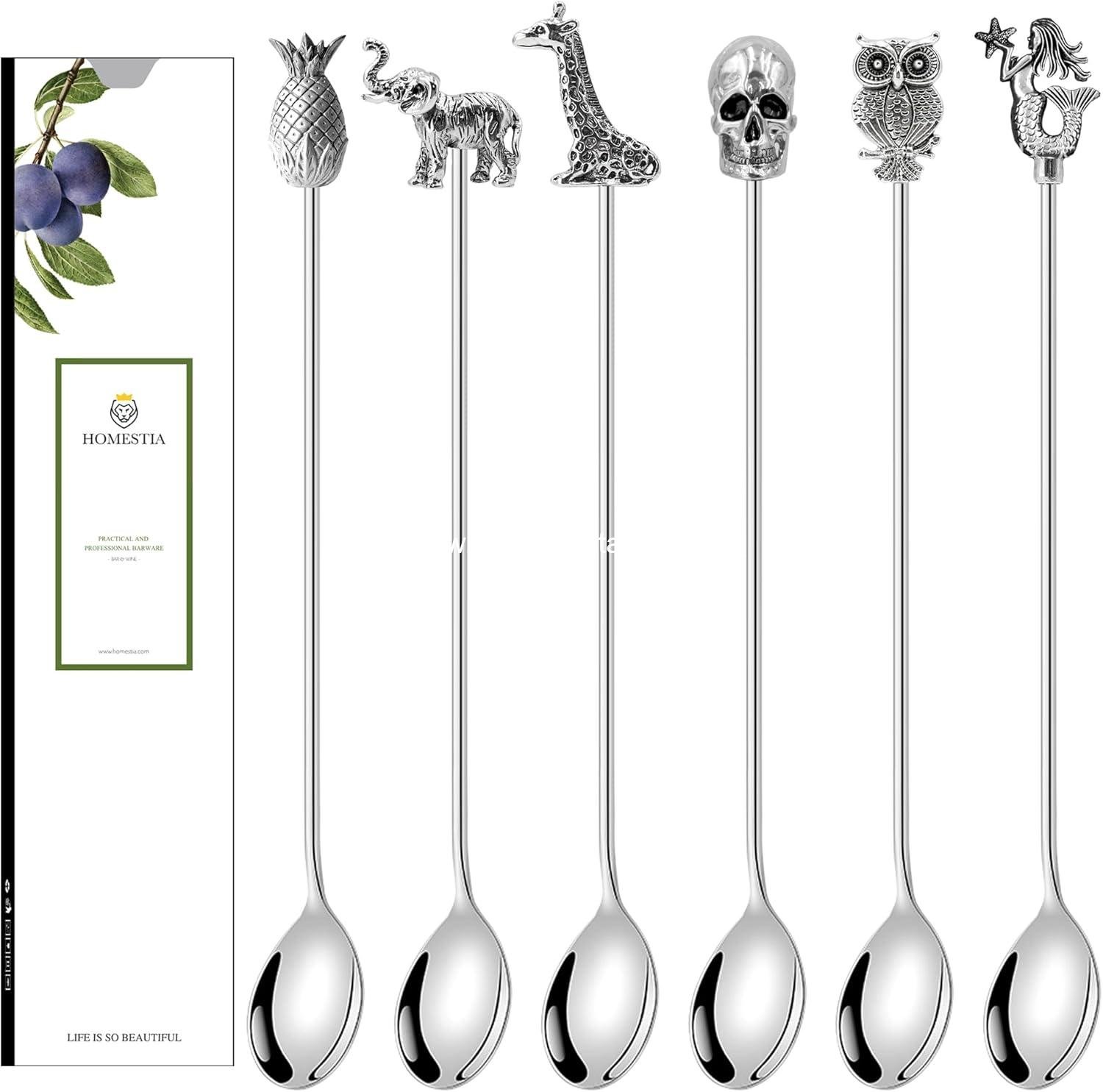 Homestia Long-Handled ice Tea Spoon, Cocktail stir Spoons, Stainless Steel Coffee Spoons, ice Cream Scoop Set of 6, Animal Giraffe Elephant Skull Mermaid Owl Decor