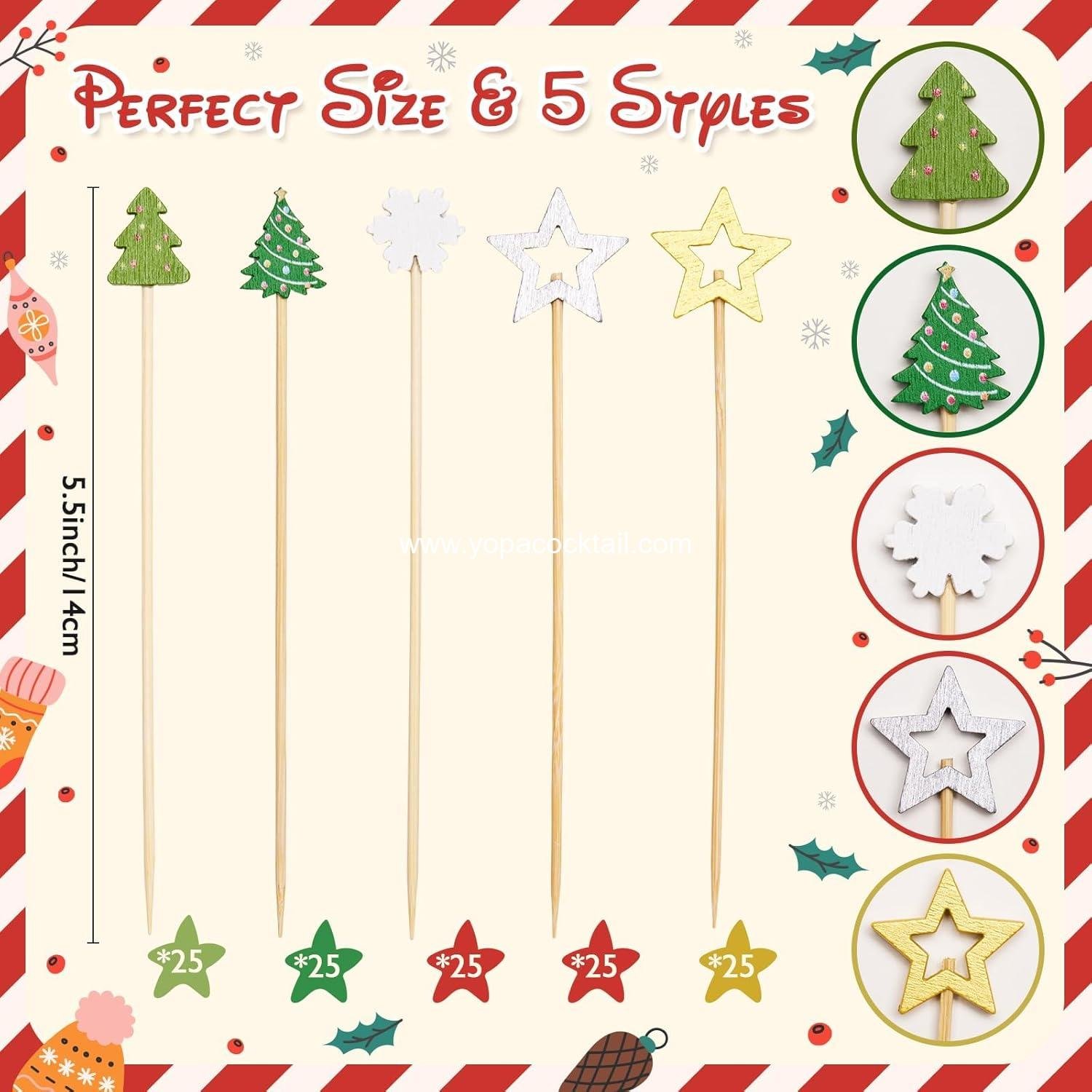 Wholesale 125pc 5.5 Inch Christmas Appetizer Toothpicks Decorative Cocktail Food Skewers Fruit Drink Garnish Holiday Party Supplies factory