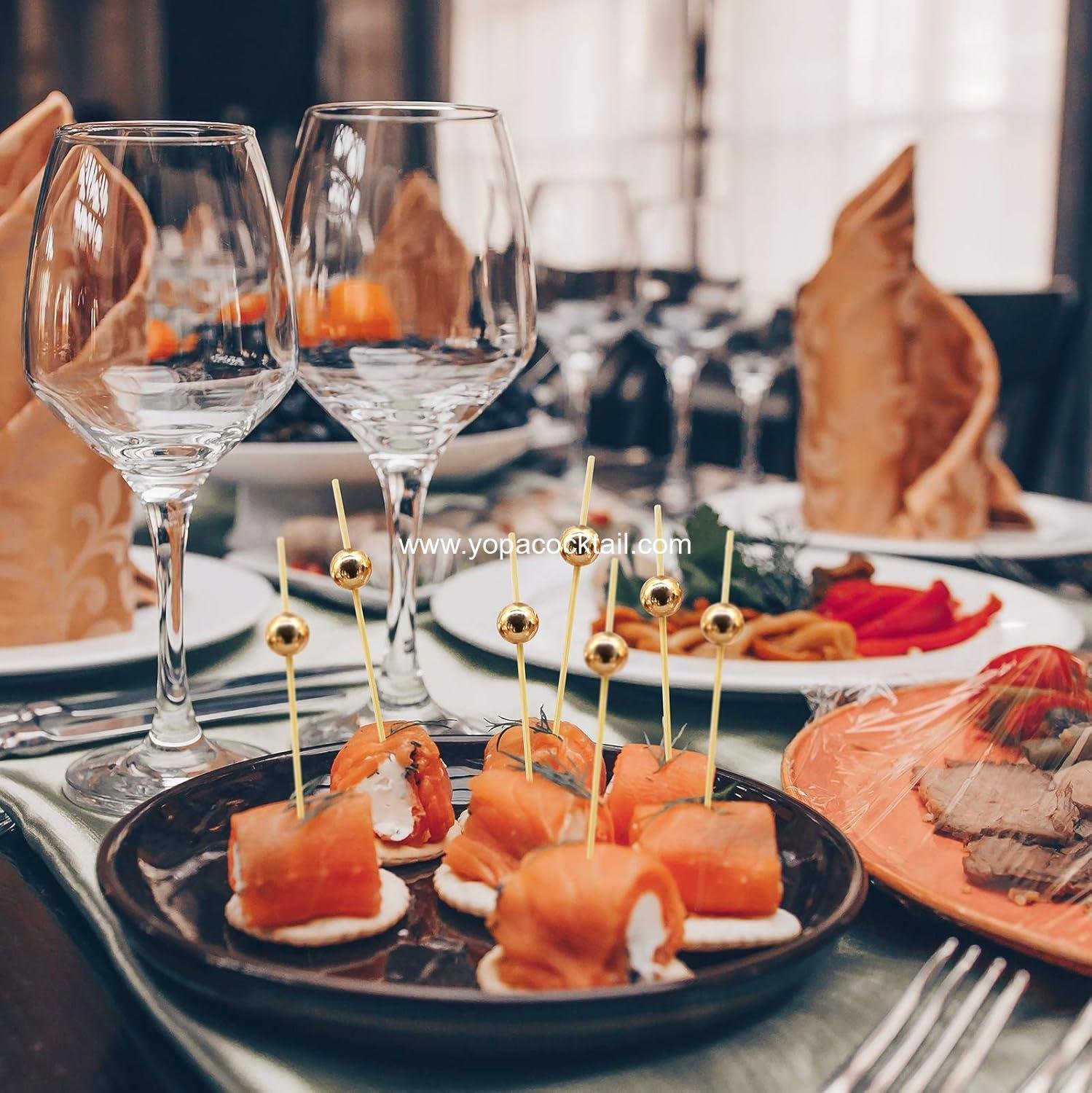 Wholesale 4.7 Inch Gold Pearl Cocktail Picks Bamboo Appetizer Skewers Decorative Food Garnish Kabob Sticks 100 Count supplier