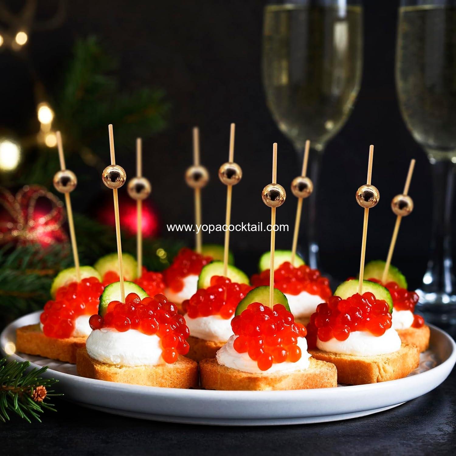 Wholesale 4.7 Inch Gold Pearl Cocktail Picks Bamboo Appetizer Skewers Decorative Food Garnish Kabob Sticks 100 Count supplier