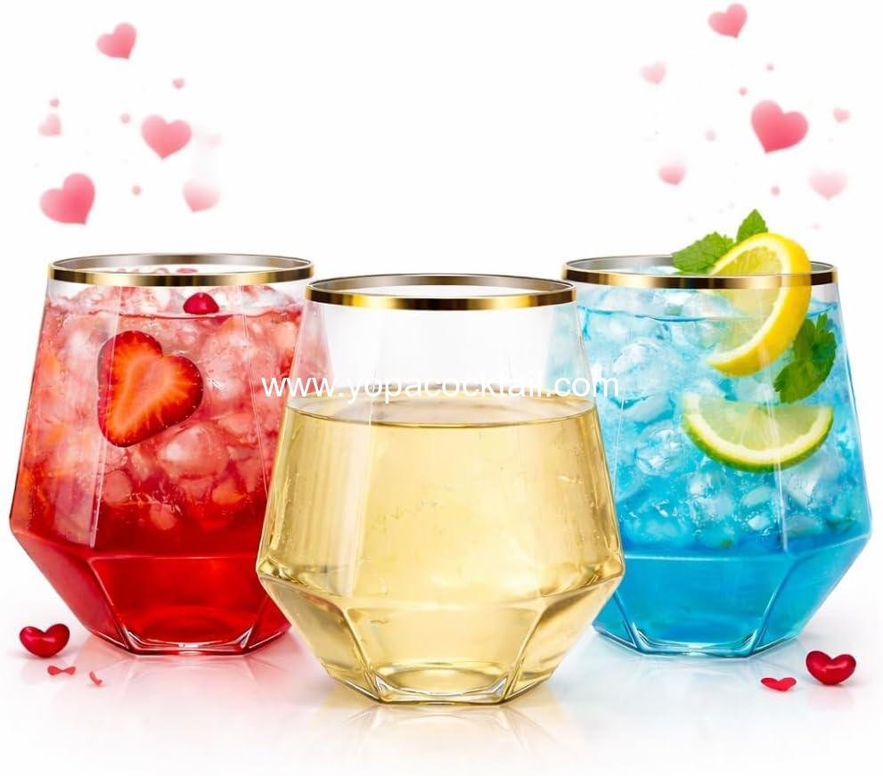 Oojami 40 count Diamond Unbreakable Stemless Plastic Wine Champagne Whiskey Glasses Elegant Durable Disposable Indoor Outdoor Ideal for Home, Office, Bars, Wedding, 12 Ounce Cups Gold Rim (Gold)