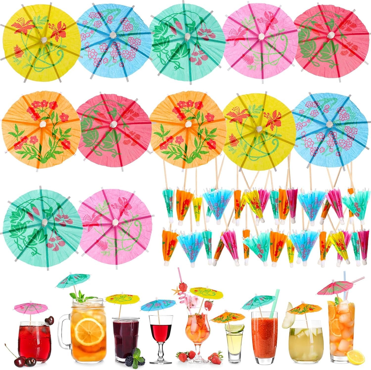 Patelai 250 Pcs 4 Inch Mini Paper Cocktail Umbrella Picks Assorted Tropical Colors Decorative Drink Toppers for Tiki Luau Hawaiian Beach Party Decorations