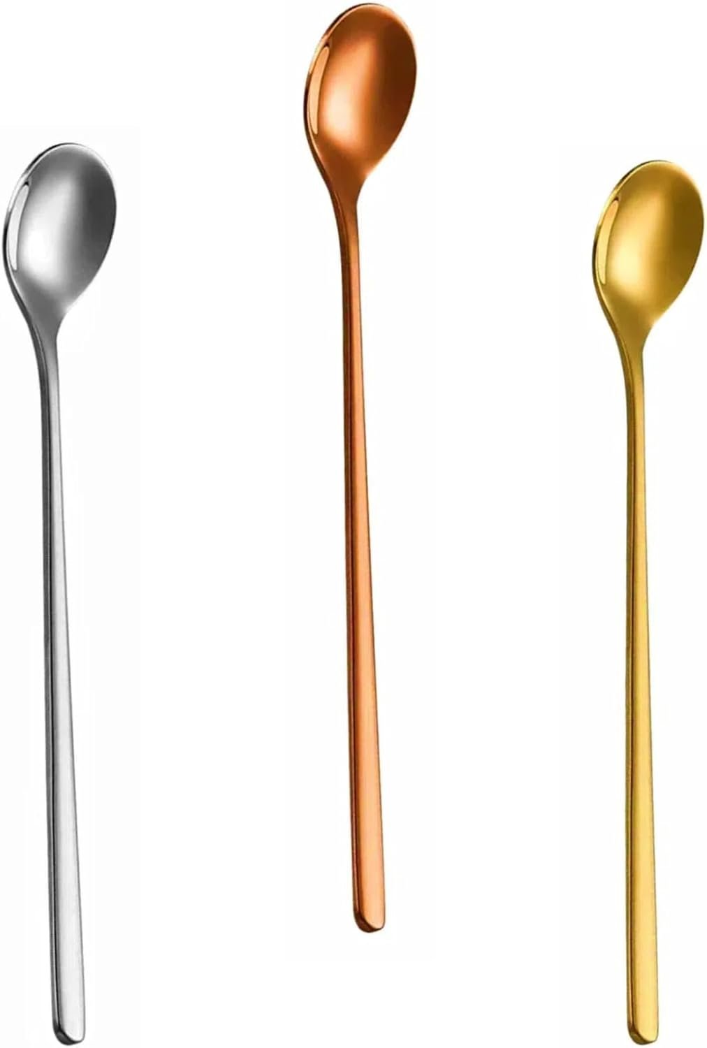 Cyoufine 3 Color 6.7-Inch Coffee Spoon Set, Long Handle metal Stirring Spoons Teaspoon, Gold Silver Stainless Steel Small Teaspoons, for Cocktails, Iced Tea, Milkshakes, Smoothies, Ice Cream.