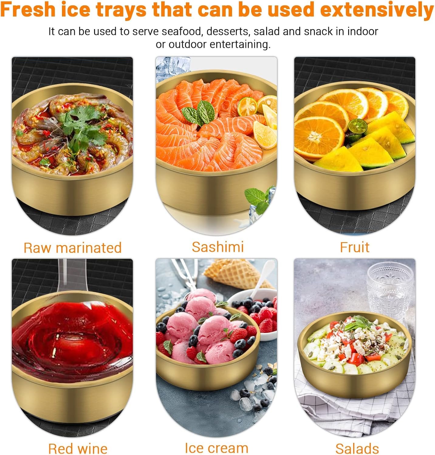OEM 8.5in Gold Stainless Steel Ice Chilled Serving Tray Platter for Appetizers Parties Shrimp Cocktails Fruit Supplier