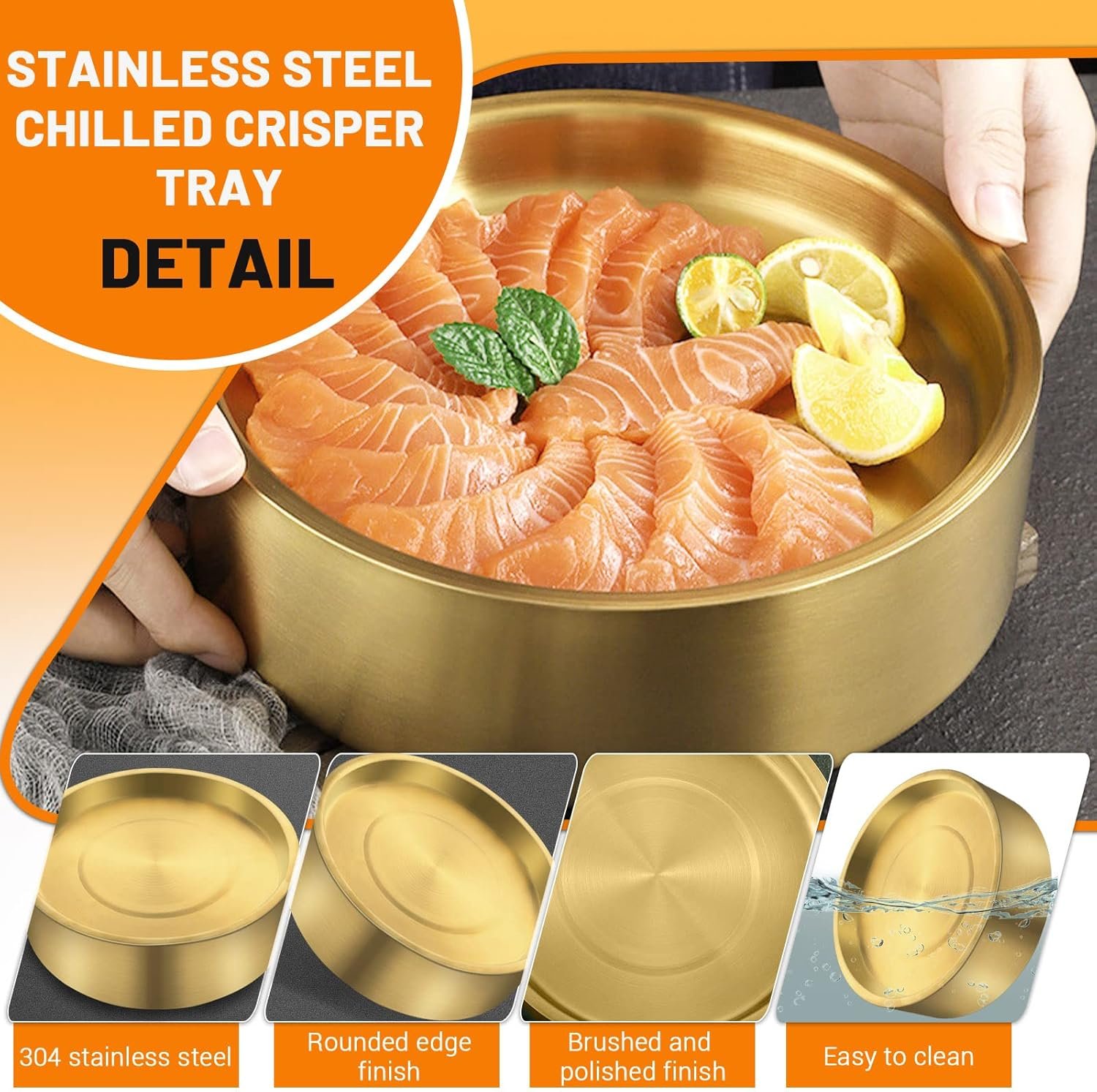 OEM 8.5in Gold Stainless Steel Ice Chilled Serving Tray Platter for Appetizers Parties Shrimp Cocktails Fruit Supplier
