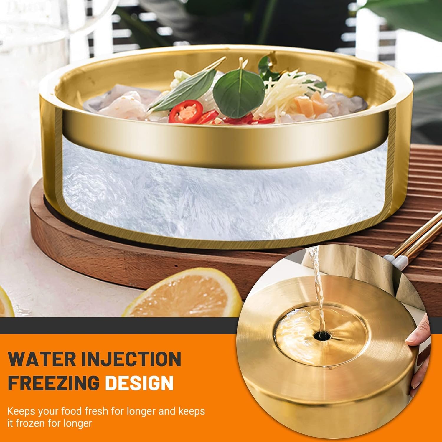 OEM 8.5in Gold Stainless Steel Ice Chilled Serving Tray Platter for Appetizers Parties Shrimp Cocktails Fruit Supplier