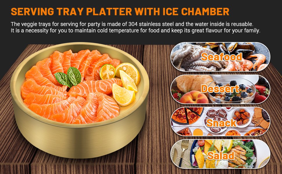 OEM 8.5in Gold Stainless Steel Ice Chilled Serving Tray Platter for Appetizers Parties Shrimp Cocktails Fruit Supplier