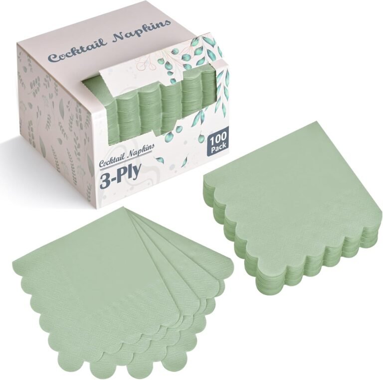 100 Pack Cocktail Napkins, 3-Ply Scalloped Edged Wedding Napkins Folded 5 x 5 Inches Dessert Napkins, Disposable Napkins for Dinner Birthday Party Bridal Anniversary Baby Shower Reception (Sage Green)