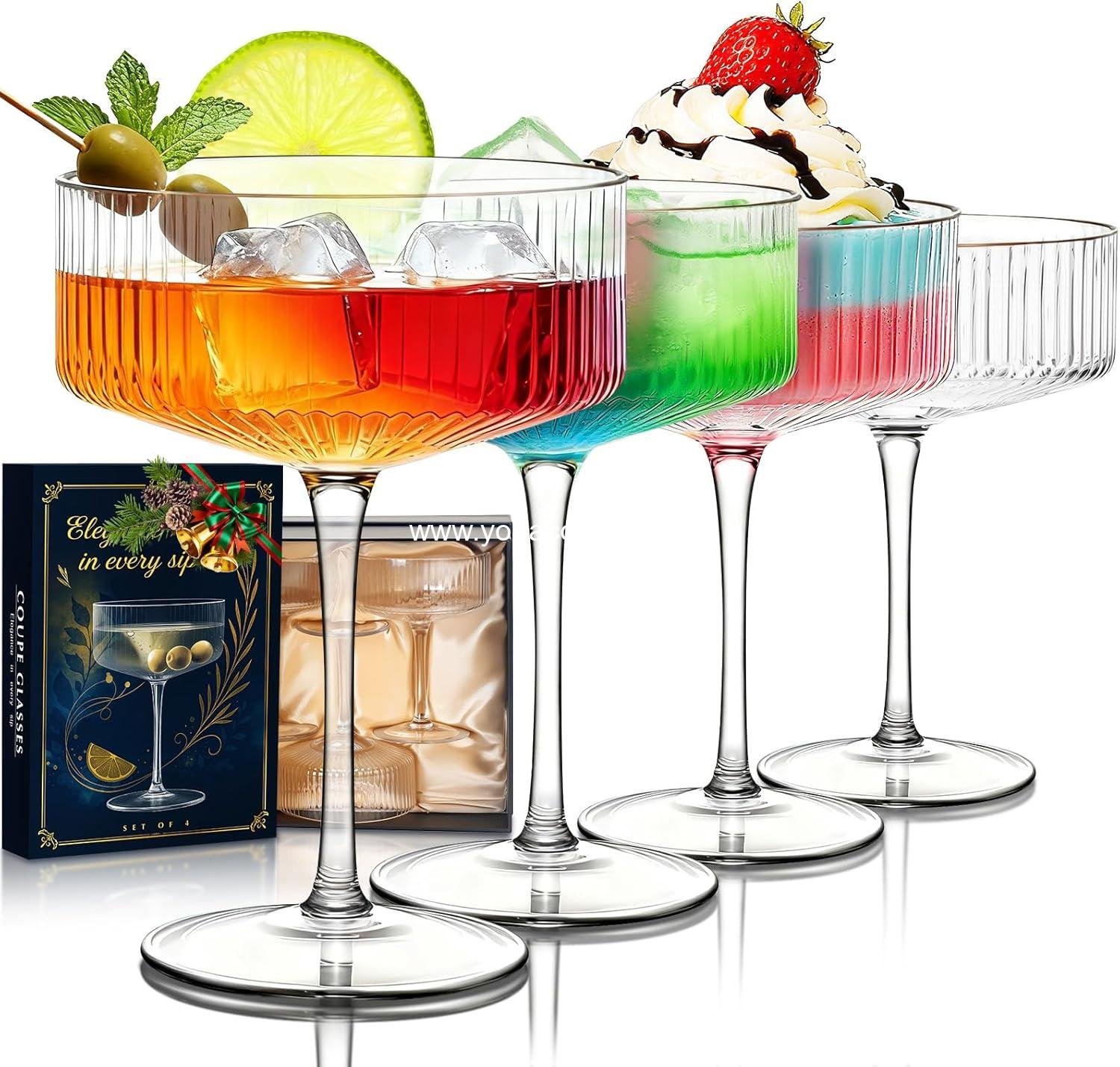 Wholesale 10 oz Ribbed Vintage Coupe Glasses Set of 4 | Elegant Crystal Cocktail Champagne Dessert Glasses | Gift Entertaining OEM manufacturer