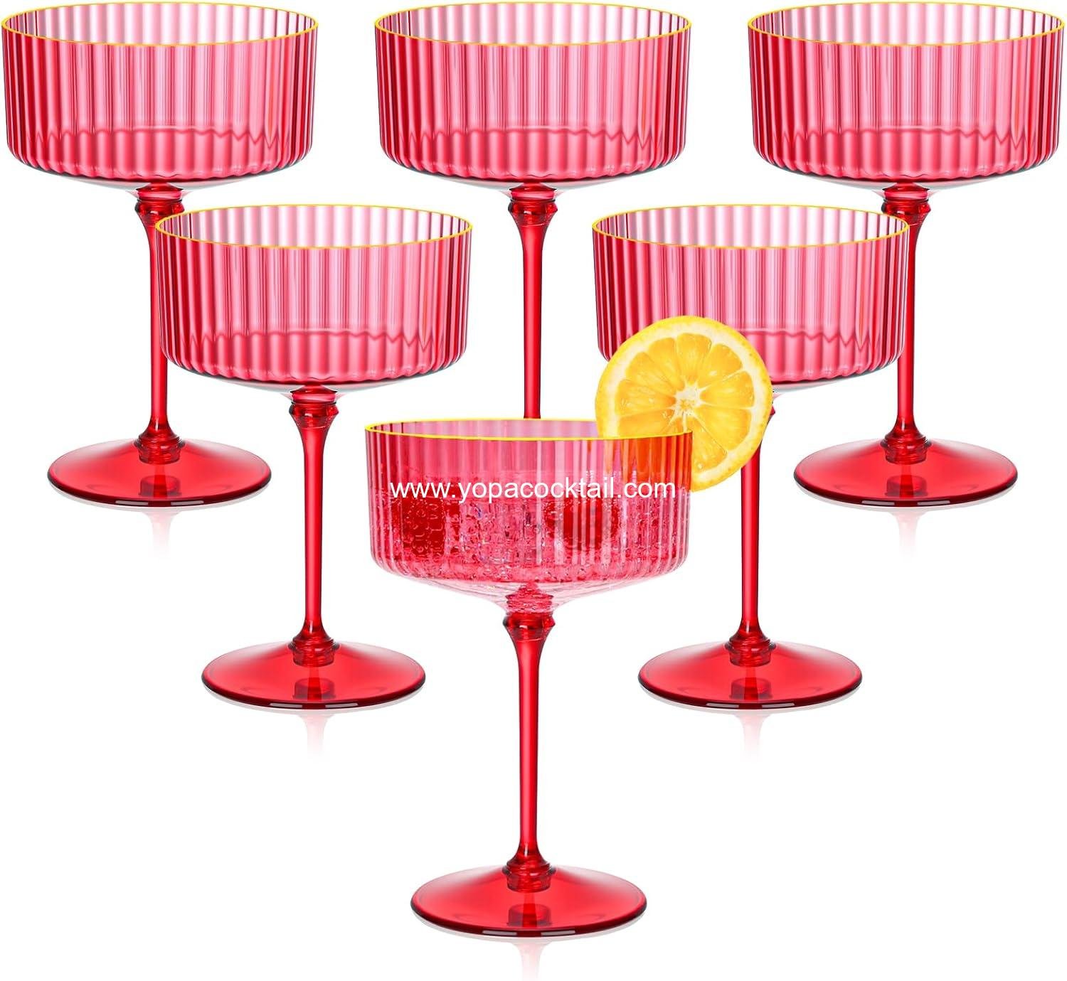 Wholesale 12 Pack 10oz Red Ribbed Plastic Martini Glasses Gold Rimmed Coupe Vintage Cocktail Glasses for Bar Parties Margarita Gin Tequila Desserts Snacks factory